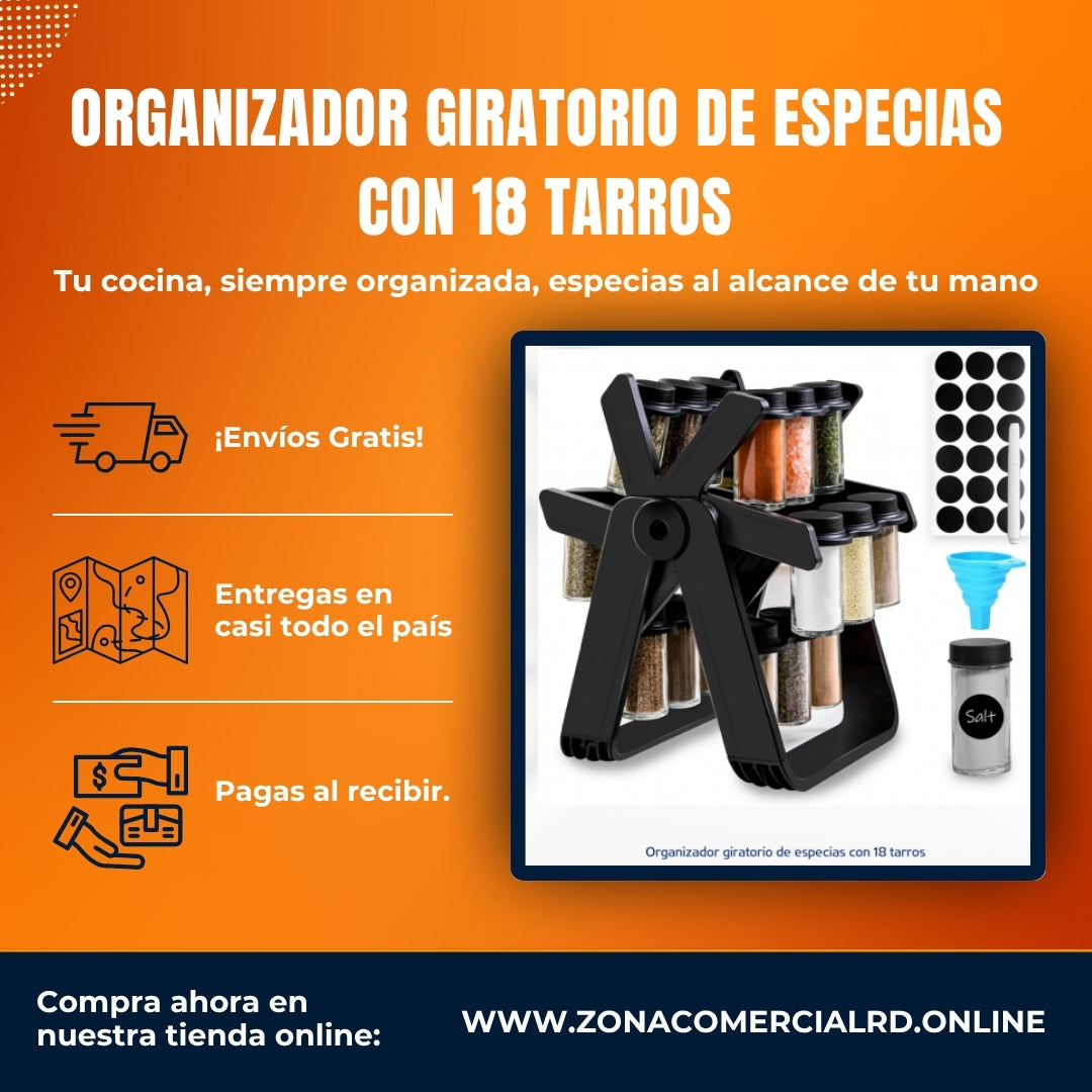 ORGANIZADOR GIRATORIO DE ESPECIAS CON 18 TARROS - 🏷️ Incluye etiquetas reutilizables + marcador blanco